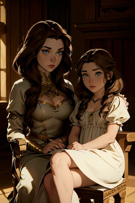 ((mother and daughter)), medieval character concept art, ((masterpiece)),((high resolution)),((best quality)), extremely fine an...