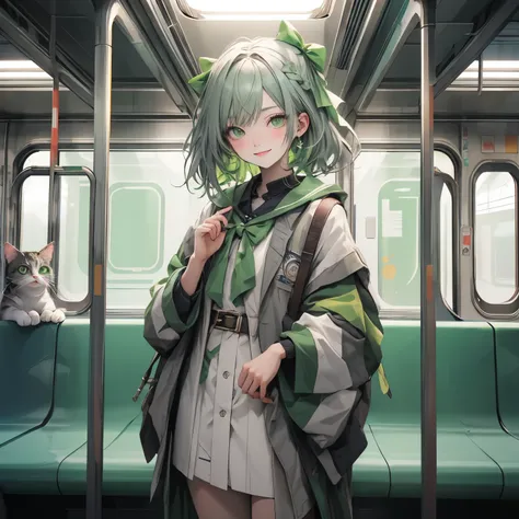 (masterpiece), highest quality, Ultra-high resolution,A cat wearing a pale green ribbon、Pale green hair、Pale green eyes、Pale green clothing、Standing on the train、smile