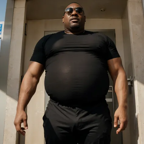 Un Hombre africano Calvo cacheton gigante, barrigon, serio, 50 years old grumpy with 35 meters tall as a policeman with a huge round shaped belly with a full heavy body, standing inside an elevator taking up space with a huge distended belly sticking out t...