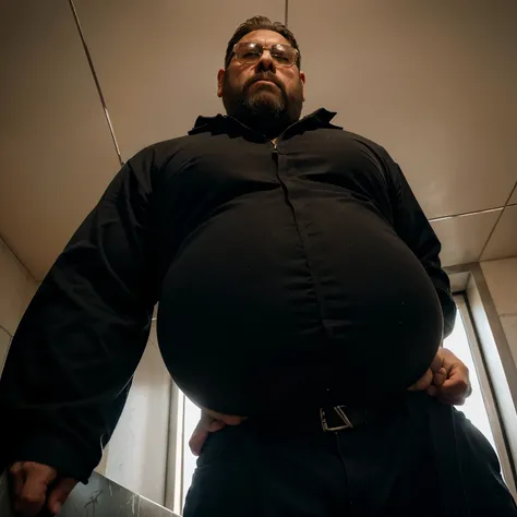 Un Gorila alfa cacheton gigante, barrigon, serio, 50 years old grumpy with 35 meters tall bodyguard with a huge round shaped belly with a full heavy body, leaning inside an elevator with a huge distended belly sticking out to the side like an expanding bal...