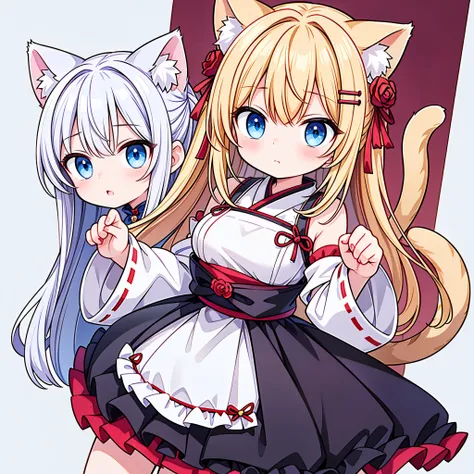 blonde hair, odd red and blue eyes, young, big breasts, hair ornament, animal ear hair, cat ears, (only one cat tail: 1.4), super fluffy, drilled twin tail hair, blushing, surprised facial expression, (wears a Japanese-style dress. wears a rose hair orname...