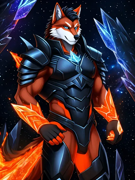 male humanoid wolf, black white and red wolf body, perfect muscular god body, black hair, blue eyes, black obsidian hell armor with galaxy orange hell crystals, holding an hell gun made out of obsidian and galaxy orange hell crystal core