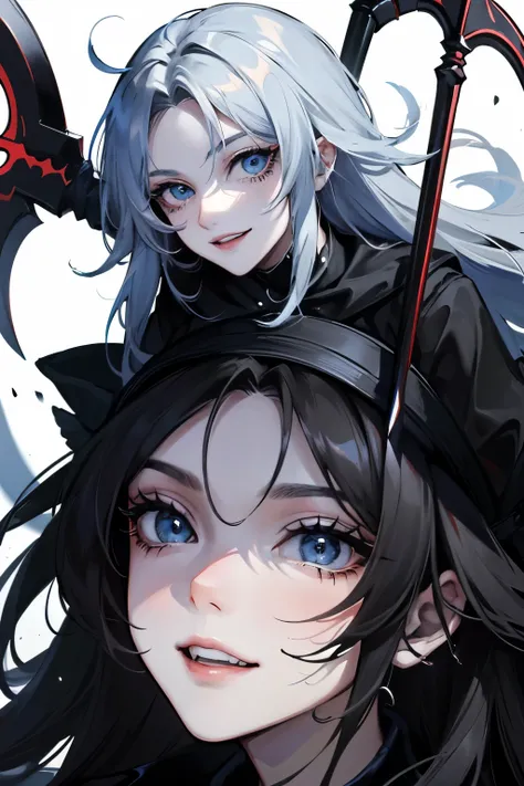 A woman, long black hair, blue eyes, cynical gaze, carrying a long scythe, a scary smile
  