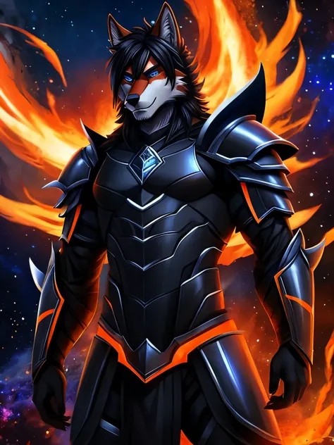 male humanoid wolf, black white and red wolf body, perfect muscular god body, black hair, blue eyes, black obsidian hell armor with galaxy orange hell crystals