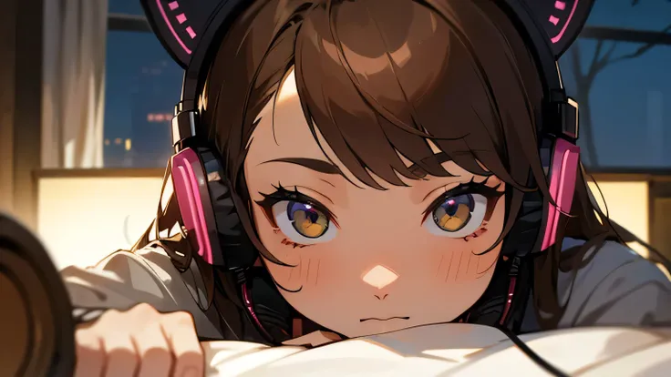 Room with speakers、Cat with headphones、Face close-up、night、Brown Hair、