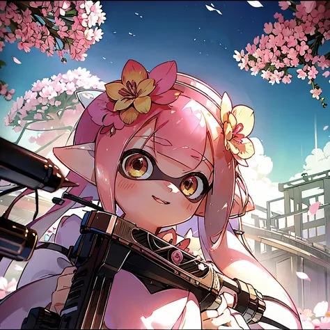 masterpiece、highest quality、High resolution、Real Anime、3D、background image、Flower Field、Flowers on one side、Lots of petals、SakuraFubuki、beautiful、beautiful、You can see far from the top of the hill、Ultra-wide angle、Splatoon Girl、20-year-old、Sharp face line、...