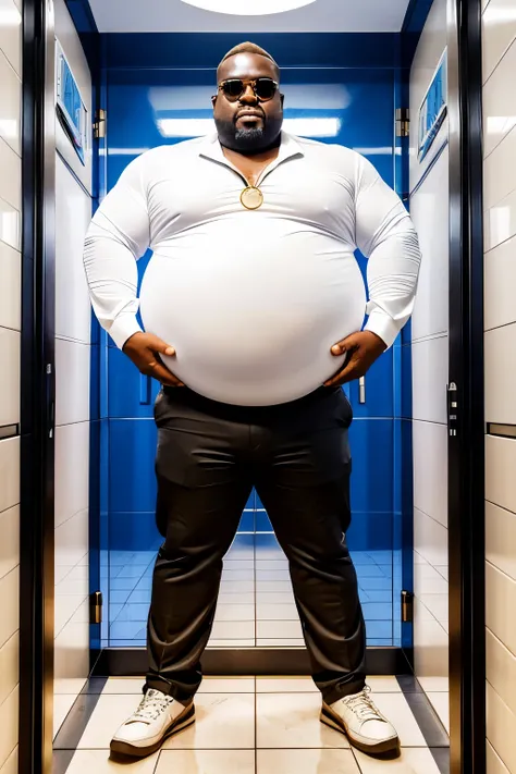 Un hombre africano calvo cacheton gigante, (obeso), (barrigon), serio, 50 years old grumpy with 35 meters tall bodyguard with a huge round shaped belly with a full heavy body, leaning inside an elevator with a huge distended belly sticking out to the side ...