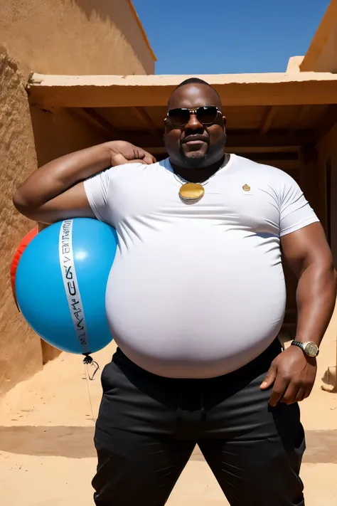 Un hombre africano calvo cacheton gigante, (obeso), (barrigon), serio, 50 years old grumpy with 35 meters tall bodyguard with a huge round shaped belly with a full heavy body, leaning inside an elevator with a huge distended belly sticking out to the side ...