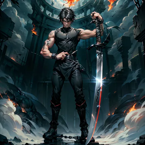 boys 26 Years old, Serious face, muscular, black hair, flowing hair, wearing ((black shirt)), sleeveless, black pants, high cut boots, holding sword, flames, chains, giant sword   