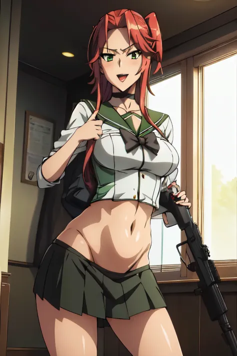 bitch medium breasts, red hair, beautiful face, green eyes, evil smile, blush, lipstick, evil smile , choker, masterpiece, best ...