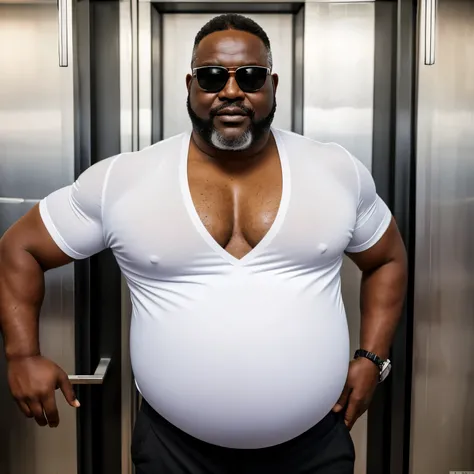 Un sugar Daddy africano calvo cacheton gigante, (obeso), (barrigon), serio, 50 years old grumpy with 35 meters tall bodyguard with a huge round shaped belly with a full heavy body, leaning inside an elevator with a huge distended belly sticking out to the ...