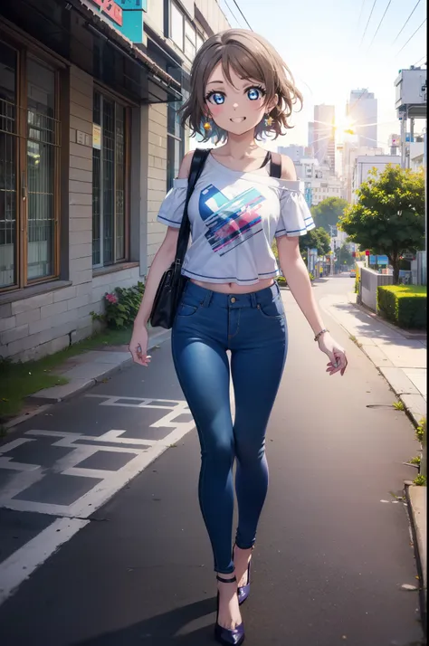 yo watanabe, yu watanabe, short hair, blue eyes, brown hair, orange hair band,smile, grin,cold shoulder tops,short sleeve,skinny...