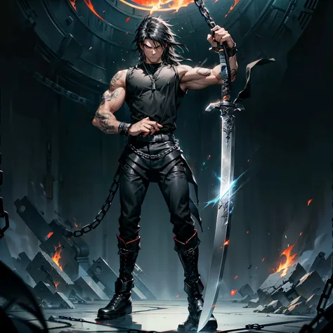 boys 26 Years old, Serious face, muscular, black hair, flowing hair, wearing ((black shirt)), sleeveless, black pants, high cut boots, holding sword, flames, chains, giant sword   