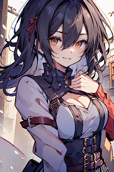 hui xiyi, rekkyo sensen, rekkyou sensen, character design ((black hair, tits cleavage, waving, breasts close up, suspenders, dre...