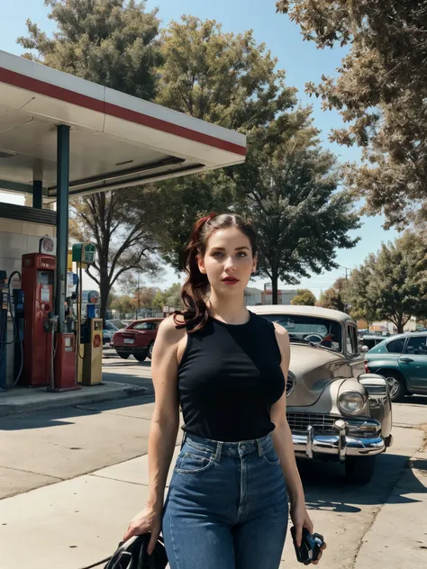 1girl, gas station worker, very long straight hair, detailed face, pov, cap, pumping gas, vintage gas station, high ponytails, (...