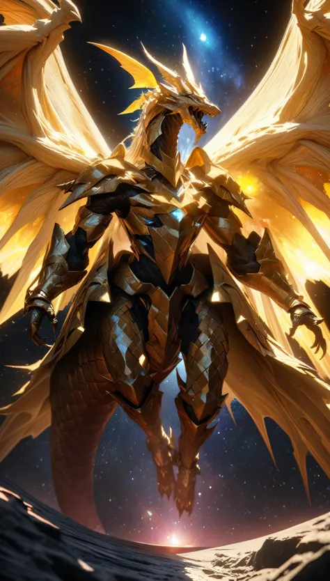 Masterpiece Portrait, Extreme details,, Very detailed, 8K octane, HDR, Super detailed, best quality, best quality, Realistic lighting, Ultra Detailed，A huge dragon，(High-tech diamond-shaped light wings:1.35),[Layers of golden armor｜Complex and gorgeous tex...