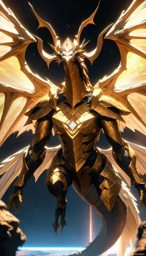 Masterpiece Portrait, Extreme details,, Very detailed, 8K octane, HDR, Super detailed, best quality, best quality, Realistic lighting, Ultra Detailed，A huge dragon，(High-tech diamond-shaped light wings:1.35),[Layers of golden armor｜Complex and gorgeous tex...