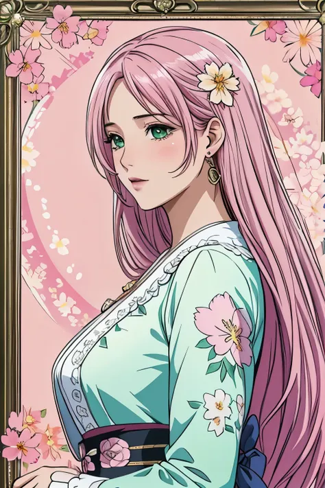 (​masterpiece, top-quality, top-quality, Official art, Beautifully Aesthetic:1.2), green eyes, (highest quality, masterpiece painting:1.3), immature woman, 16 years old, (half body shot), masterpiece, ultra high resolution, (((Flower frame, A lot of flower...