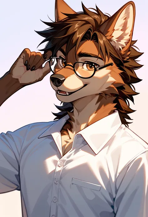 , score_9,score_8_up,score_7_up, An Anthro furry male wolf, brown wolf, brown eyes, dark brown hair, black nose, black square glasses, white button up shirt, portrait, smiling
