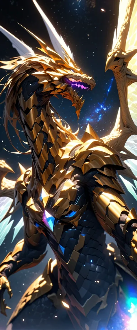 Masterpiece Portrait, Extreme details,, Very detailed, 8K octane, HDR, Super detailed, best quality, best quality, Realistic lighting, Ultra Detailed，A huge dragon，(High-tech diamond-shaped light wings:1.35),[Layers of golden armor｜Complex and gorgeous tex...
