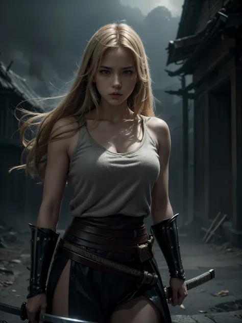 a beautiful young female  rubia warrior with a katana sword, fighting against an evil empire, dramatic lighting, cinematic composition, hyper-detailed, intricate background, muted color palette, moody atmosphere, dynamic pose, intense expression, cinematic...