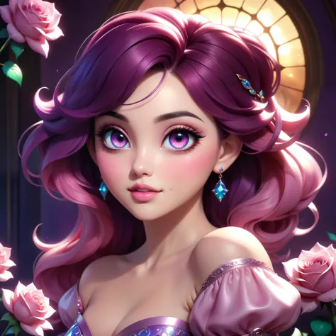 (This is a beautiful, soft, ethereal, and (romantic) fantasy image with a persistent pink aura, fairytale fantasy elements, and a lovely color palette.) Generate a beautiful fairy woman with beautiful puffy lips and beautiful detailed eyes. Her glossy curl...