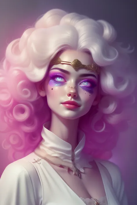 (this is a beautiful fantasy image that feels interesting.) generate a pretty magical (((blind))) woman with colorful curly hair...