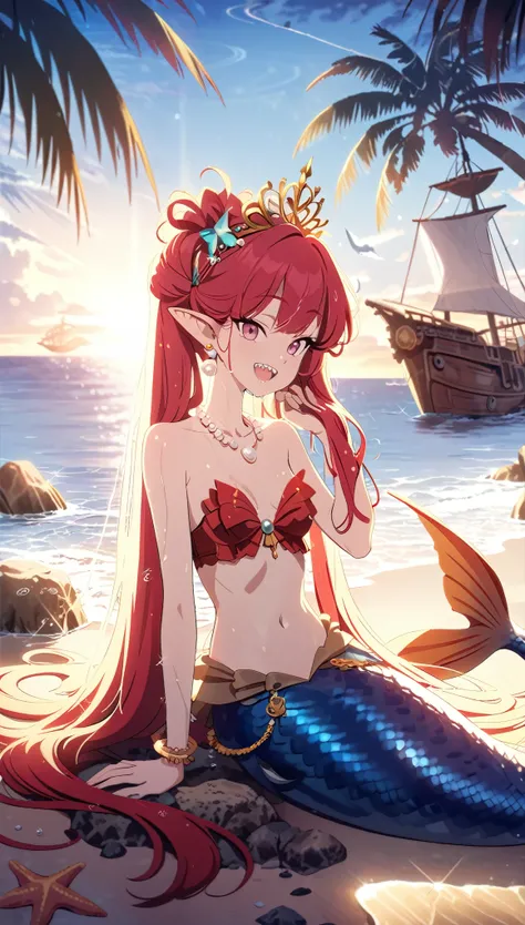 (best quality,4k,8k,highres,masterpiece:1.2),ultra-detailed, drawn in anime style, Pretty 15 years old princess magically transformed into a beautiful mermaid, race swap, fantastic transformation, steampunk, fish like, wet body, dominant shades of red, sur...