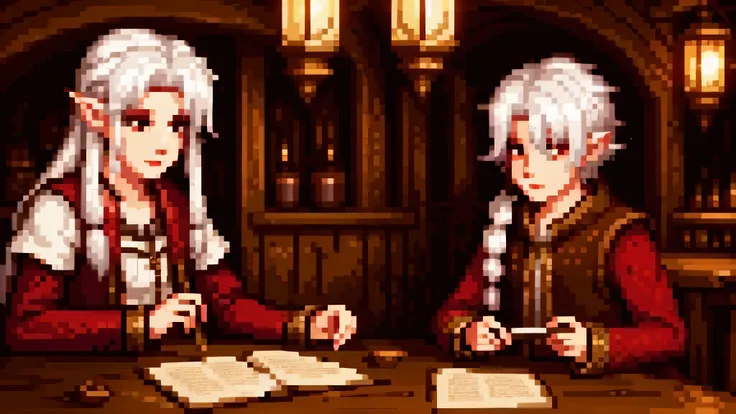 A bard elf ,white hair,red eyes,playing the laud sitting in a fantasy world tavern