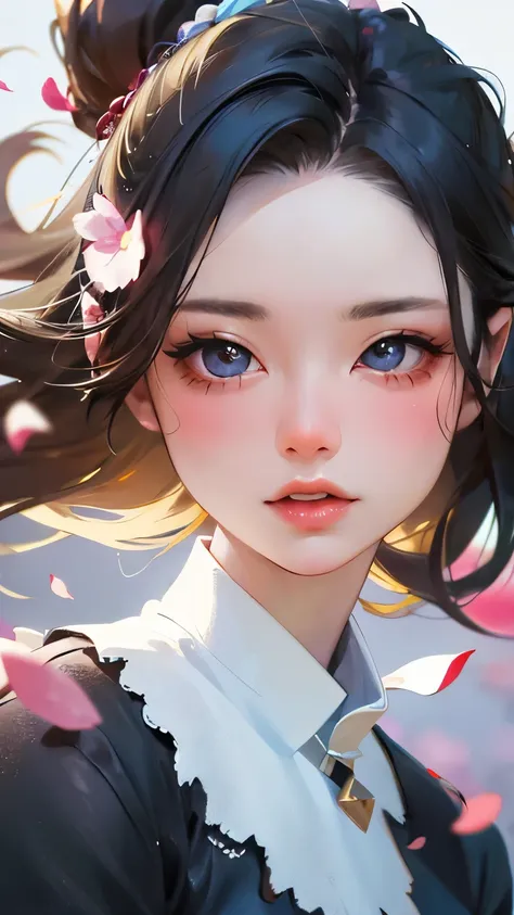 (highest quality, masterpiece, ultra-realistic), beautiful and delicate girl portrait, playful and cute, floating petals in the ...