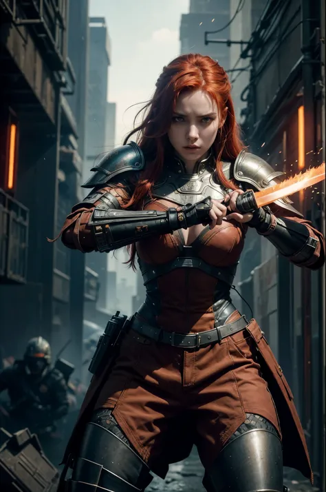 a battle-hardened warrior woman with fiery red hair, intricate cyberpunk-inspired armor, wielding a high-tech sword, fighting against an oppressive futuristic empire, dramatic lighting, cinematic composition, hyper-detailed, vibrant colors, dystopian sci-f...