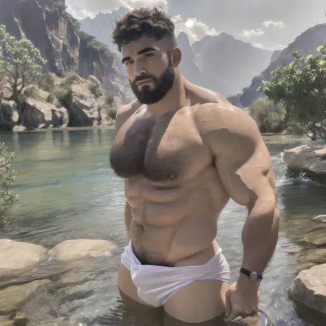 bright colors, Strong man, big ass, ultra realistic, best quality, realistic, depth, magical place, oriental landscape, lake, the man is only in towel with sample body inside a beautiful and transparent lake, a majestic landscape, spiritual bloom  