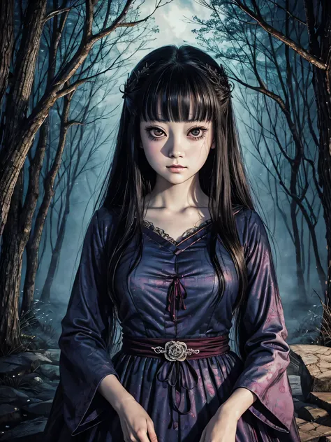 a beautiful and enchanting girl painting, looking at the camera facing the front、anxious、spooky、suspicious、written by junji ito、...