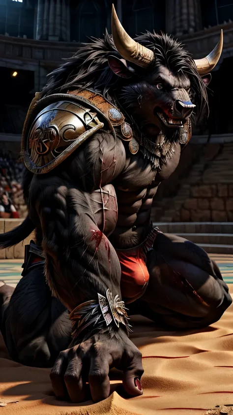 Minotaur, solo, gladiator_outfit, armor, shoulder armor, visible armor, coliseum_background, muscular, manly, hyper_muscles, flexing_muscles, perfect_eyes, perfect_face, perfect_body, perfect_hands, being_adorated by the spectators, happy, proud, holind ax...