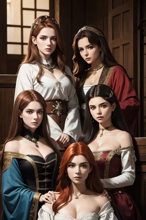 3 mulheres, uma mais velha ruiva e duas mais jovens de cabelos pretos asthetic medieval 