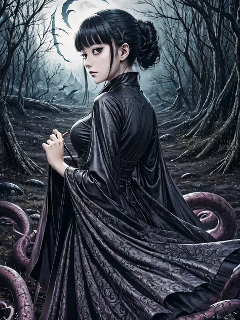 a beautiful and enchanting girl painting, countless monsters are squirming behind me.、anxious, spooky, dark, noble,suspicious、wr...