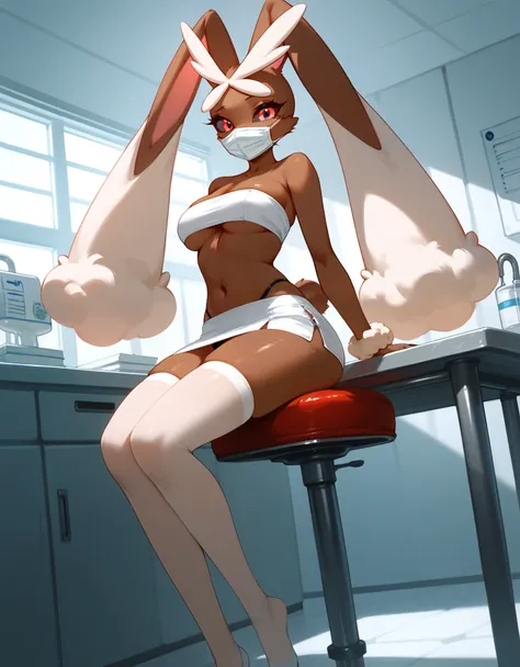 solo, score_9,score_8_up,score_7_up, an anthro furry female lopunny, standing, tall slender body, wearing white bandeau, white m...