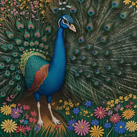 (naive art), a peacock regally strolls on a lawn among bright flowers, with a pop art painting by annabel kidston, winner of the...