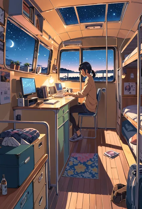 lofi art, style of Laurie Greasley, style of Makoto Shinkai, anime aesthetic, BREAK {illustration of a man and a woman living inside a converted bus. The interior should be cozy and detailed, featuring bunk beds. The woman is on the upper bunk with a small...