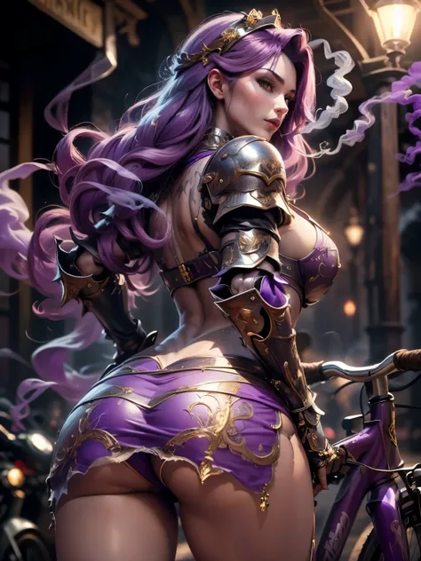 (Masterpiece, Superb Detail, Super Detailed, High Resolution), Male Focus, (((Female Armor))), (She Has Long Purple Hair, Medium Breasts, Slim, perfect body, beautiful face), look at viewer, (((purple panty))), (((smoke))), (((Turn back))), (((Show her but...