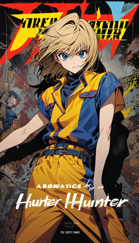 Fashion Magazine cover：a handsome male model, ((((dramatic))), (((Gritty))), (((intense))) film poster featuring a young male with blond hair and piercing blue eyes, looking the same as Kurapika from Hunter x Hunter as the central character. He stands conf...