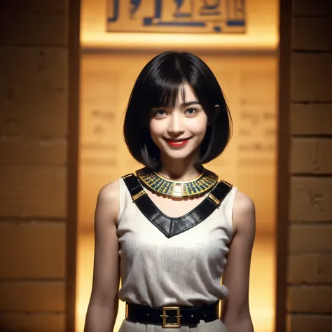 243 20-year-old female, short hair,kind, lipstick, Egyptian civilization, Waist belt, Hieroglyphics, smile