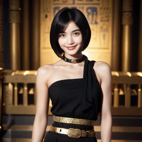 243 20-year-old female, short hair,kind, lipstick, Egyptian civilization, Waist belt, Hieroglyphics, smile