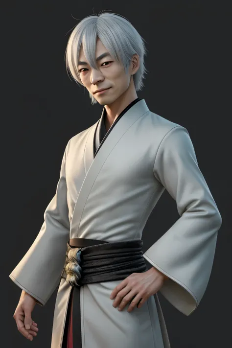 Kazuha from Genshin Impact, rendered in full HD with an ultra-realistic style. His character design is meticulously detailed, capturing the essence of his eccentric yet endearing appearances. With a mischievous grin and striking silver hair, Kazuhas gaze s...