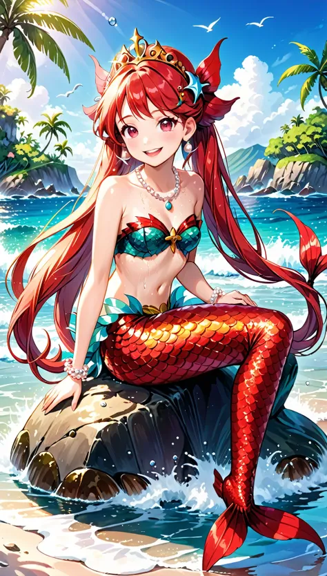 (best quality,4k,8k,highres,masterpiece:1.2),ultra-detailed, drawn in anime style, Pretty 15 years old princess magically transformed into a beautiful mermaid, race swap, fantastic transformation, steampunk, fish like, wet body, dominant shades of red, lon...