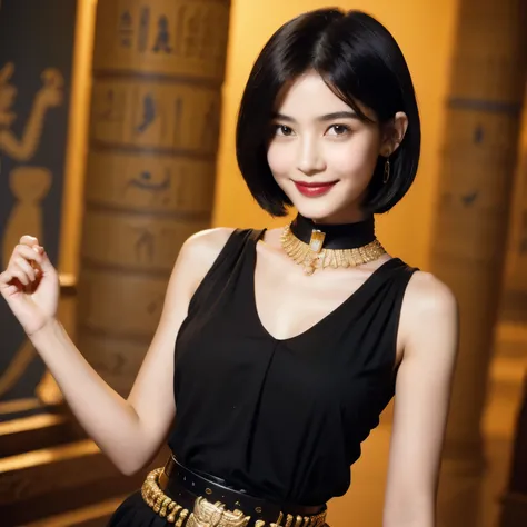 243 20-year-old female, short hair,kind, lipstick, Egyptian civilization, Waist belt, Hieroglyphics, smile