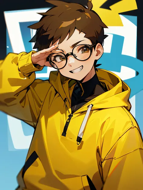 (chibi),solo,standing,upper body,1boy,brown short hair,back cut,sidecut,glasses,grin,yellow hoodie, face planning something, cool pose,pikachu(pokemon),