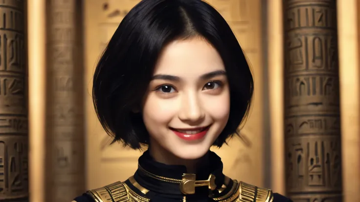 243 20-year-old female, short hair,kind, lipstick, Egyptian civilization, Waist belt, Hieroglyphics, smile