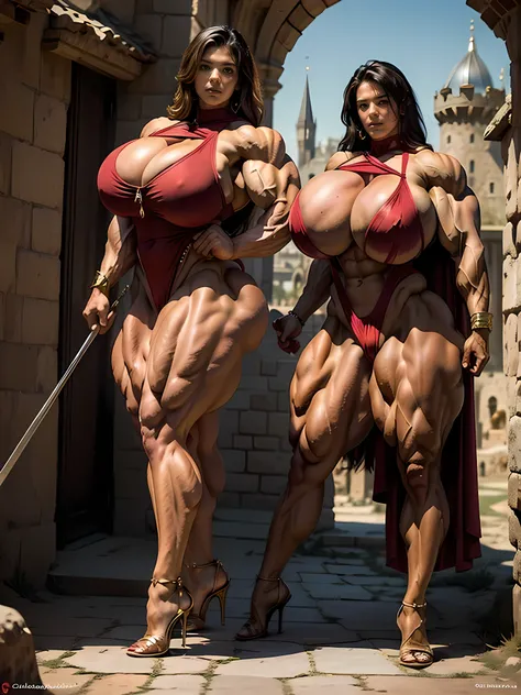 linda mulher guerreira em armadura grega dourada, Cabelo preto azeviche, capacete hoplita, ((Massive female bodybuilder:1.4)), (((Huge breasts:1.3))), ((Huge Muscular Ass)), (((Long Legs))), (Full Body), (NSFW), Eu olho para o espectador, primeiro plano, o...