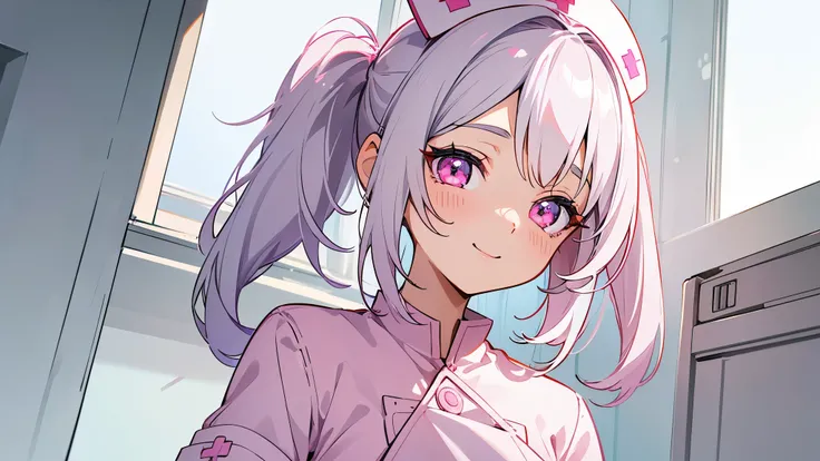 one girl, very beautiful face, beautiful eyes, detailed eyes, detailed face, detailed hair, masterpiece, anime girl, pink eyes, silver hair, , kawaii, two pony tails, very young, big , pixiv, illustration, very high quality, masterpiece, , pink cheeks, loo...